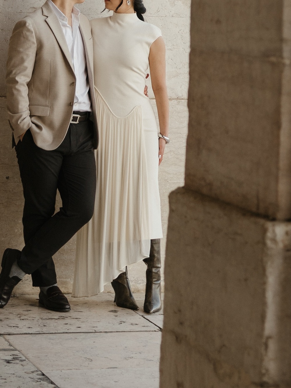 Et Ochs Asymmetrical Cream Midi Dress | Bridal Shower / Engagement / Minimalist